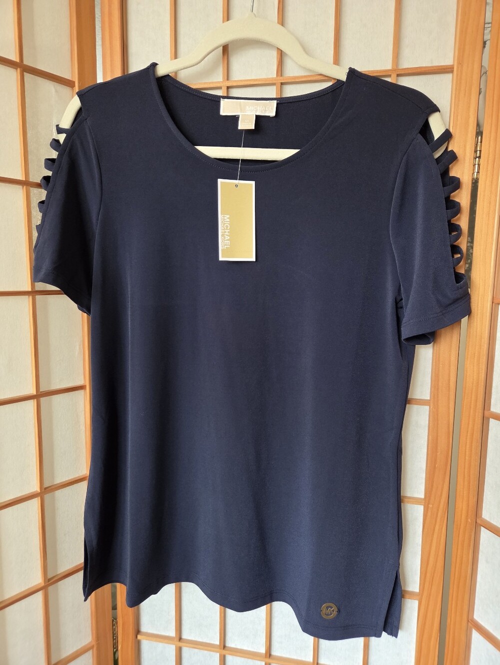 WOMENS MICHAEL KORS STRETCH POLYESTER NAVY BLUE SHORT SLEEVES PULLOVER BLOUSE M